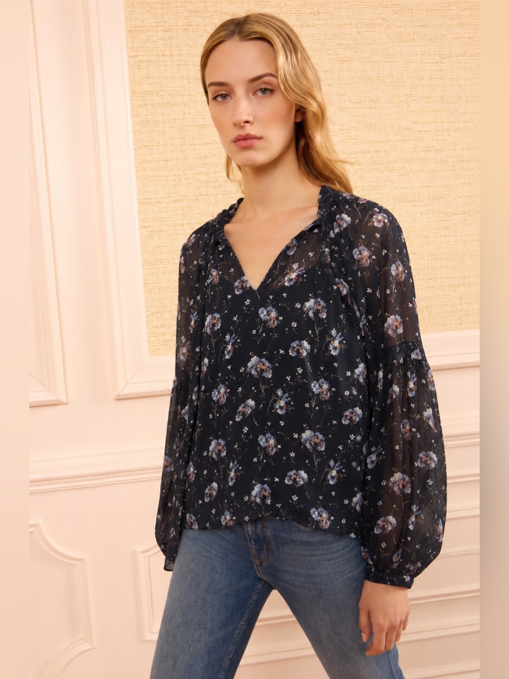 Ulla Johnson Mimi Blue Floral Print Blouse Size 8 Silk Long Sleeve